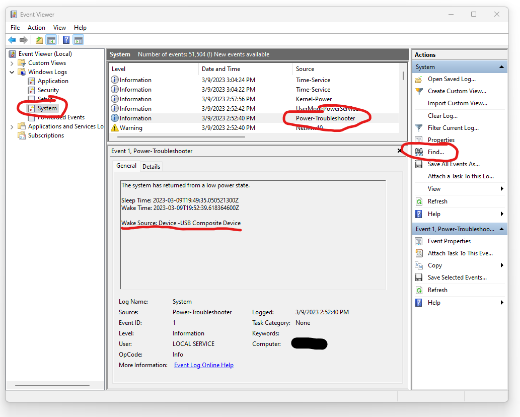 Screenshot of troubleshooting sleep issues in Event Viewer